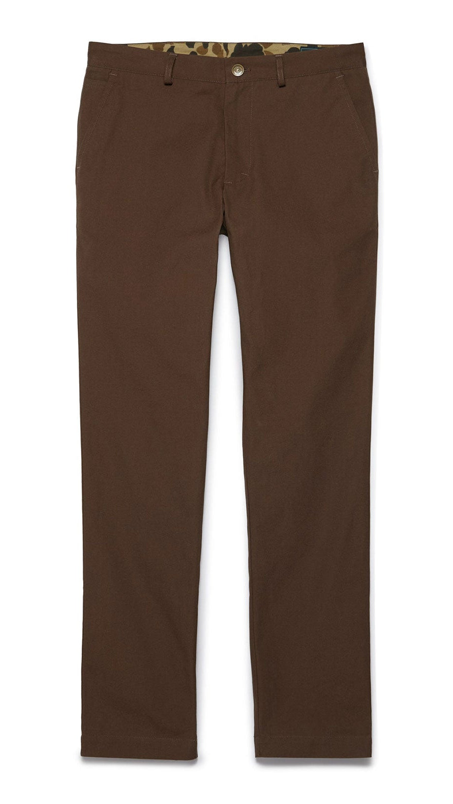 A pair of brown Heritage Pants made from Duck Cotton Canvas, featuring a tailored fit and bar tack stitching at high stress points.