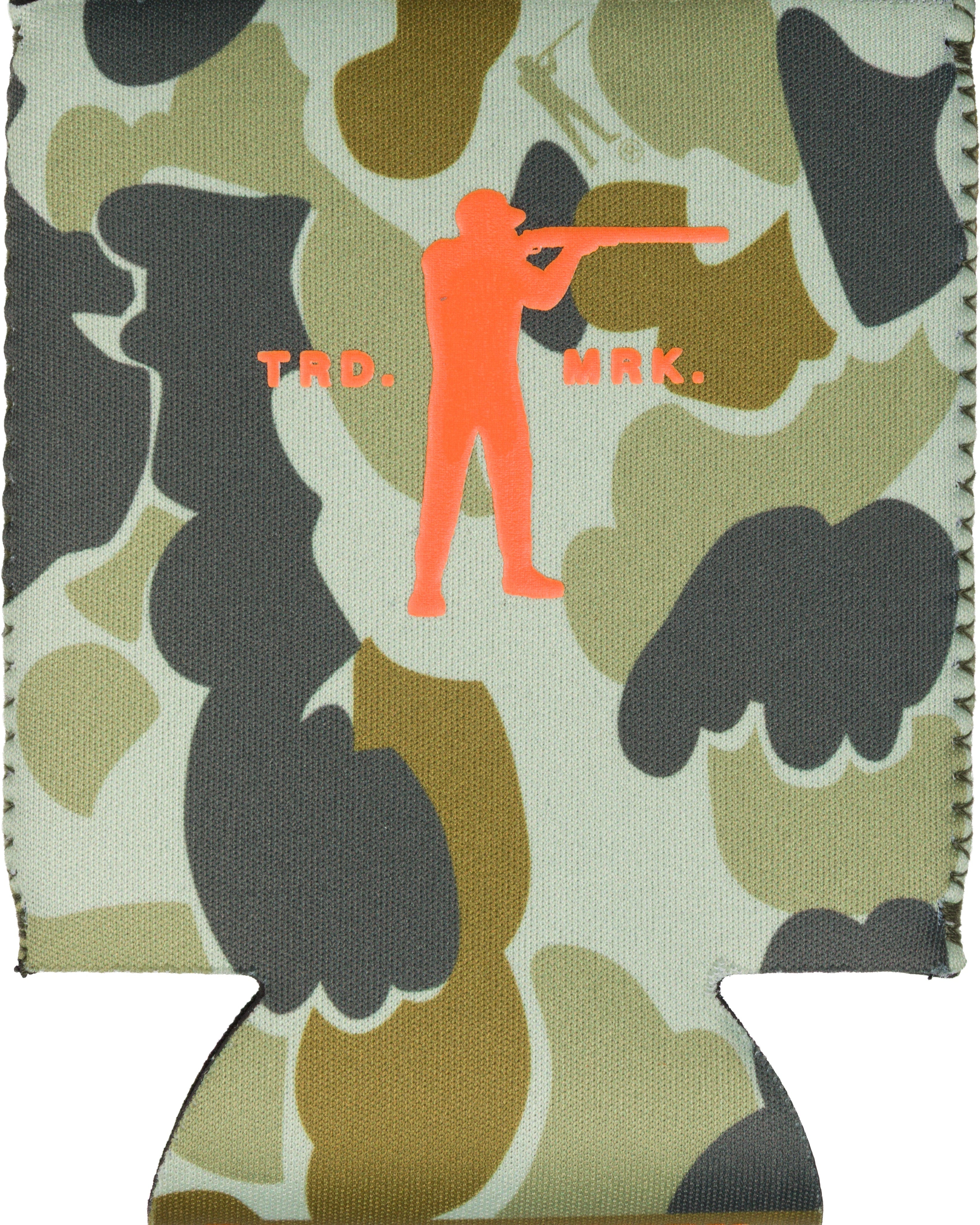Camouflage can cooler with orange silhouette of a person holding a gun and text on a white background