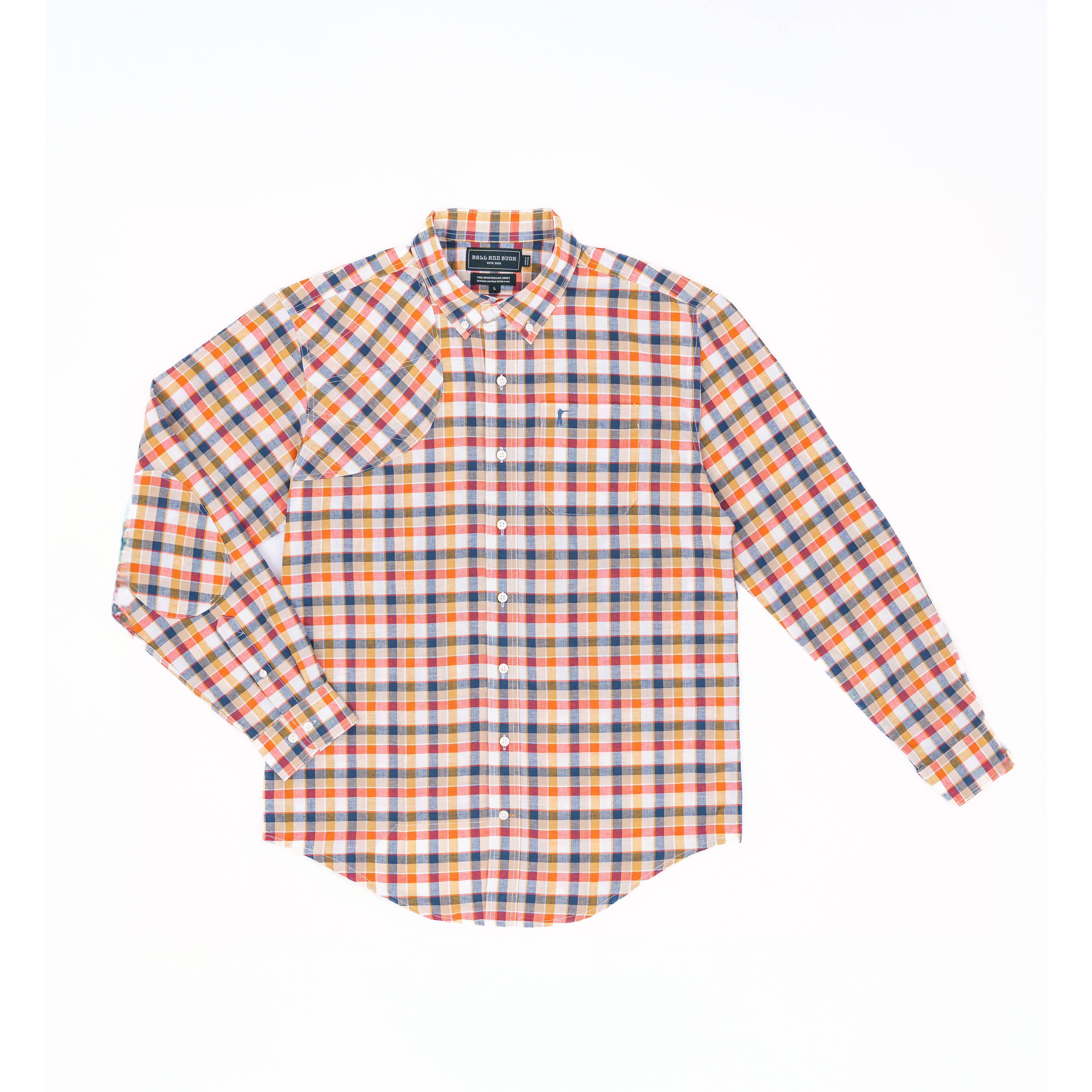 Plaid shirt with orange, blue, and white pattern on a white background